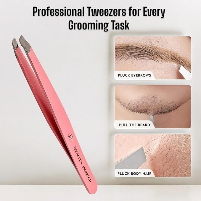 Beauty Power Slant Tip Precision Tweezers - Stainless Steel Eyebrow Tweezers for Women & Men - Precision Tweezers for Facial Hair, Ingrown Hair & Brow Shaping - Professional Beauty Tool (Pink)