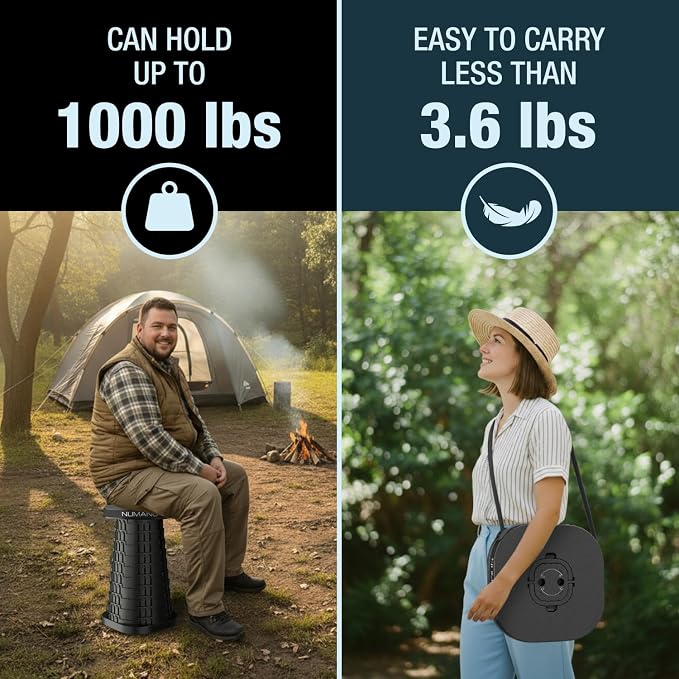 XXL Collapsible Stool, 3-in-1 Cushion + Bag, 1000 lbs, Square | Heavy-Duty Big & Tall Stool, Telescoping 2.7-19.7in, 3-in-1 Square Cushion Bag + Drink Holder; Travel, Sports, Camping