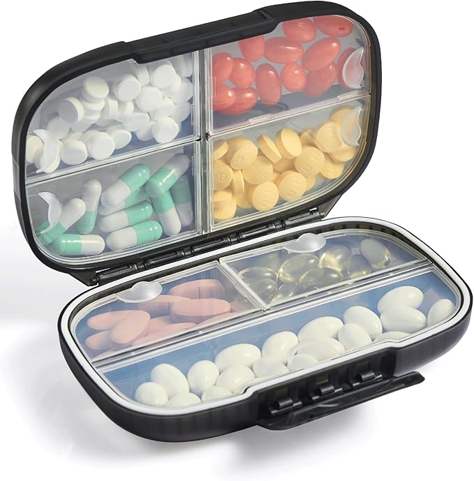 Sukuos Travel Pill Organizer Weekly with Double Lock, Portable Pill Box with Large 7 Compartment, Airtight Daily Medicine Case Container with Labels for Vitamins/Fish Oils/Supplements