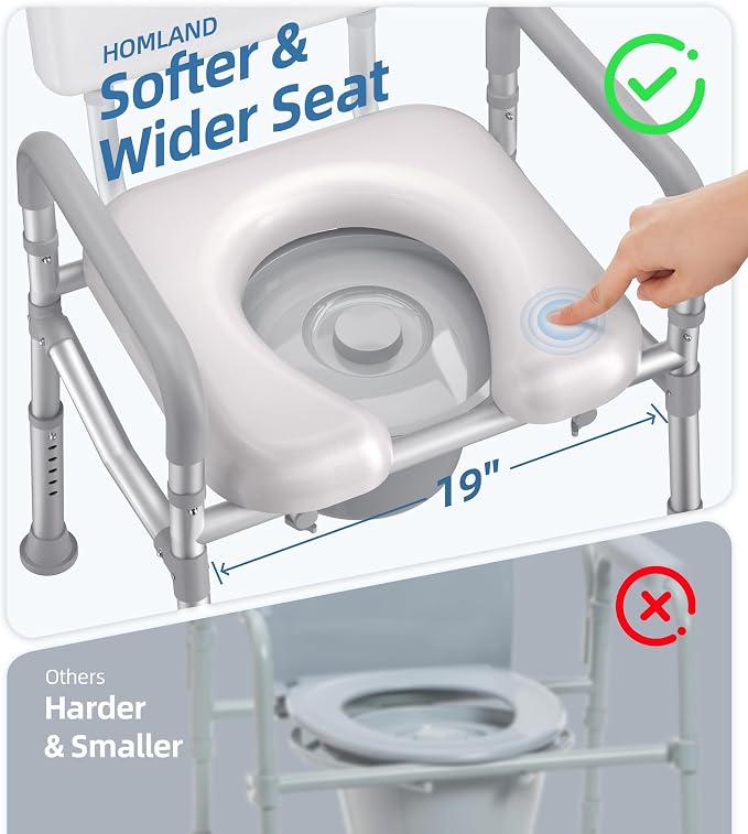 HOMLAND Bedside Commode Toilet, Padded Seat & Backrest, Enhanced Crossbar | Aluminum Potty Chair, Height Adjustable, Removable Bucket, Tool-Free Assembly, 350lb Portable Toilet for Adults & Seniors