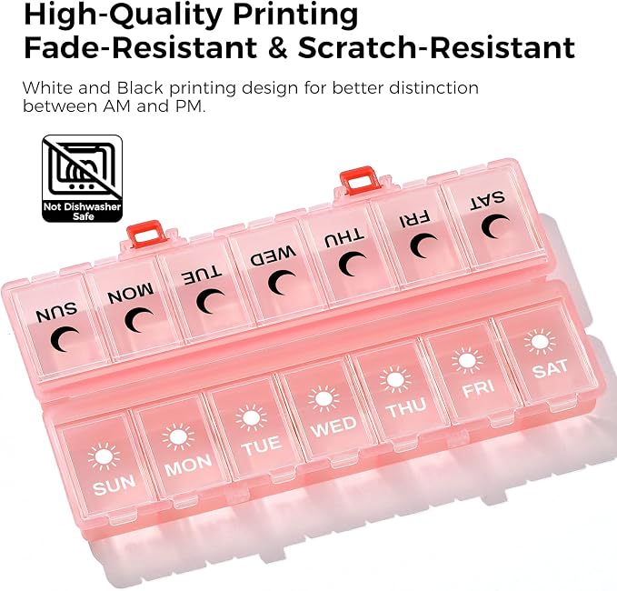 Foldable Pill Organizer Weekly 2 Times a Day, 7 Day Portable AM PM Travel Pill Case with Black&White Labels, Dual-Protection Daily Medicine Box, Large Pill Container for Vitamin/Supplement-Clear Pink