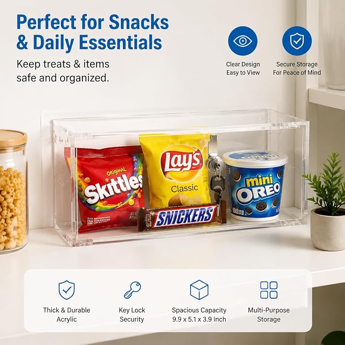 2 Pack Clear Acrylic Lock Box with Key Lock, Wall Mountable Security Storage Box, 9.9 x 5.1 x 3.9 Inch Lockable Container for Medicine, Phones, Snacks and Home Valuables