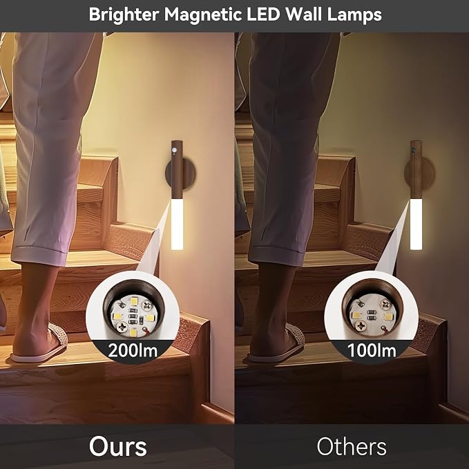 Wooden Motion Sensor Lights Indoor - Magnet Body Hallway Rechargeable LED Wireless Battery Operated Wall Sconce, Portable Decor Torch Night Lighting for Bedroom (Walnut Wood 2PCS) | Battery operated wall lights magnetic night lights wooden wall decor f...