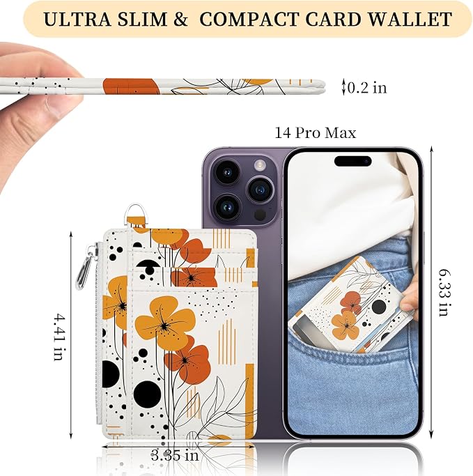 Hancynir Boho Flower Credit Card Holder Slim Wallet Women, RFID Small | Zipper Pocket Wallet, Thin Travel Coin Purse, PU Leather, Minimalist Card Case, 6 Card Slots, ID Window, Ladies Women Gifts