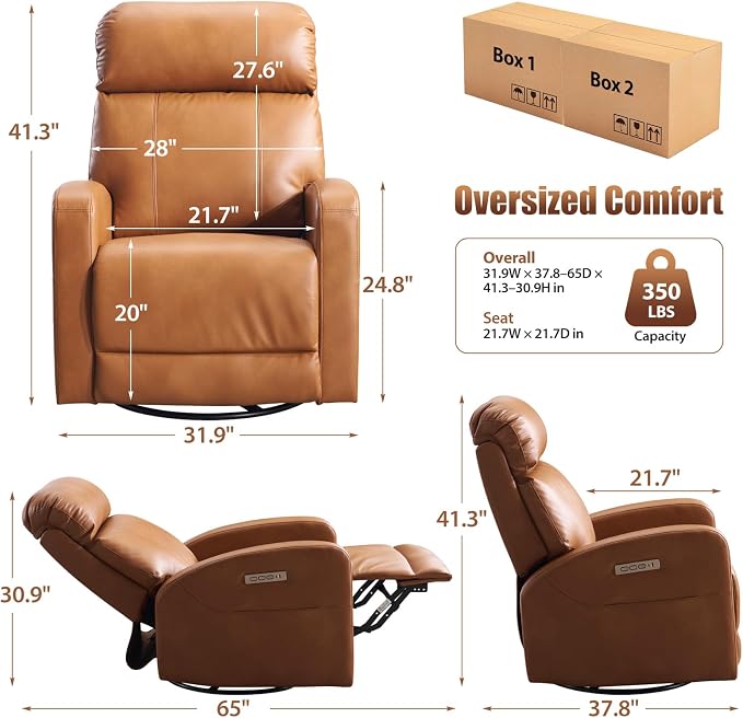 Breathable Air Leather Power Swivel Rocker Recliner, 2-Zone Electric Adjustment (Headrest Independent, Back & Footrest Linked), 270° Swivel, 8-Mode Massage & Heat, USB/Type-C, Side Pocket