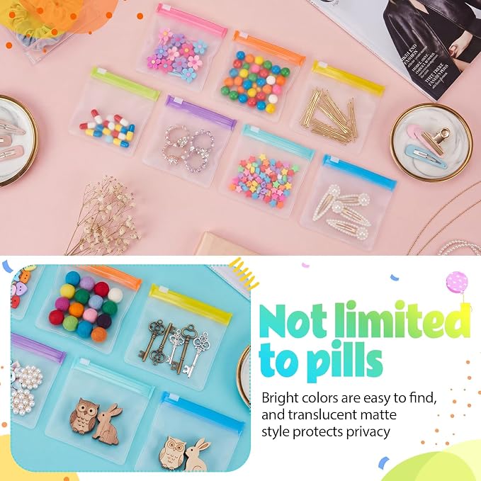 Sherr 35 Pcs Pill Pouch Bags with Zipper Pill Pouch Set Travel Reusable Translucent Medicine Organizer Self Sealing Plastic Bag with Slide Lock for Storage(Candy Colors,3.54 x 3.54 Inch,Blank Style)