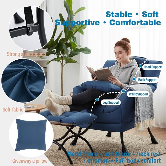 Lazy Chair with Ottoman, Comfy Reading Chair for Bedroom, Blue | Comfy Bedroom Accent Chair with Washable Removable Cover and extra throw pillow for Living Room Dorm