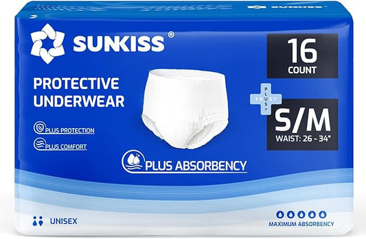 SUNKISS TrustPlus Unisex Incontinence Disposable Underwear, Heavy Absorbency, Barrier Leak Protection, Odor Control, 16 Count, Small/Medium