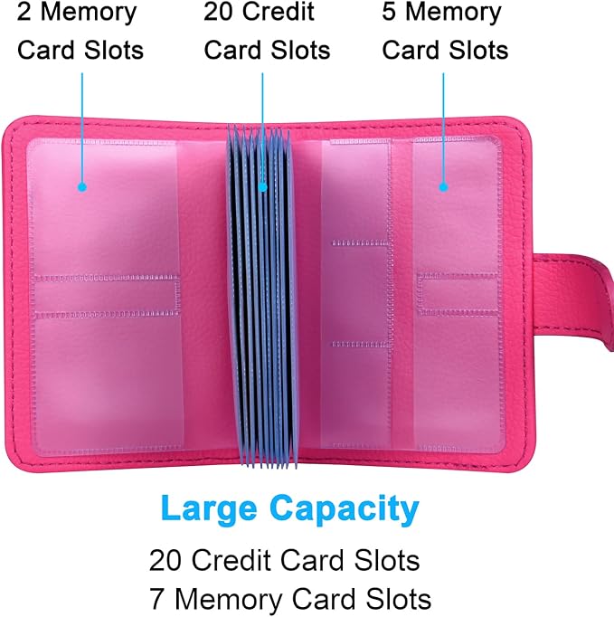 Wisdompro Slim PU Leather Credit Card Holder, Vertical Hot Pink | RFID Blocking Wallet Debit Card Protector, Organizer Case, Card Case, 20 Card & 7 Memory Card Slots, with Magnetic Closure