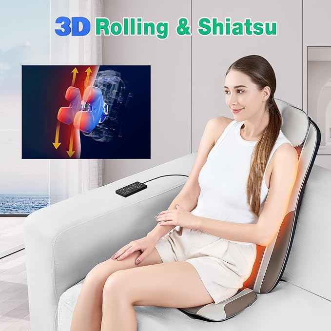 Shiatsu Back Massager with Heat, Massage Chair Pad Seat Cushion for Stress Relief, Deep Tissue Kneading & Roller, 2 Vibration Motors, Back Waist Hip Massager, PU Leather, with 2 Adapters