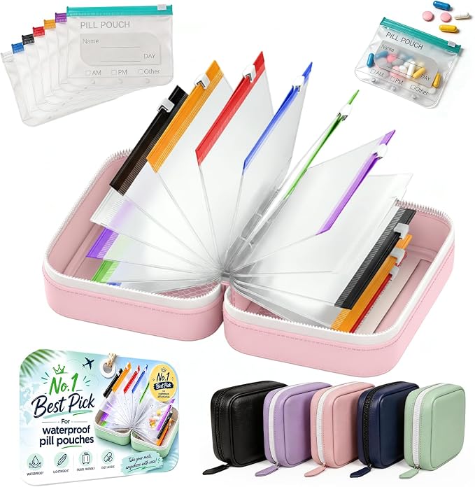 14 Day Travel Pill Kit Personal Medicine Organizer Case Set A8 Waterproof Pill Pouch for Travel Small Portable Storage Binder Style with Bags Cute Medication Purse Zipper Pocket (Pink-7 Pouches)