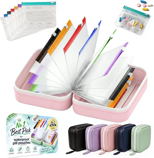 14 Day Travel Pill Kit Personal Medicine Organizer Case Set A8 Waterproof Pill Pouch for Travel Small Portable Storage Binder Style with Bags Cute Medication Purse Zipper Pocket (Pink-7 Pouches)