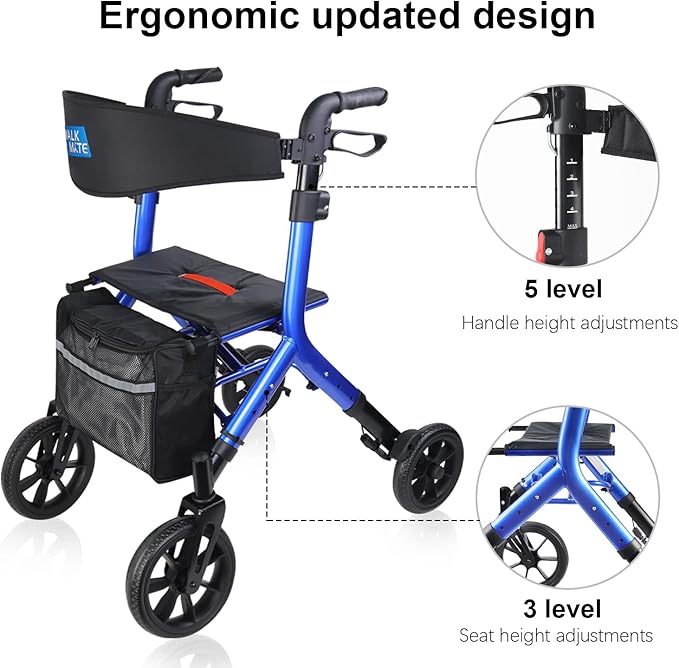 WALK MATE Rollator Walker for Seniors Taller 5.3~7ft with Height-Adjustable Seat, 10 Inch Wheels Wire-Hidden Walkers Compact Folding Design Lightweight Mobility Walking Aid Widen Backrest, Blue