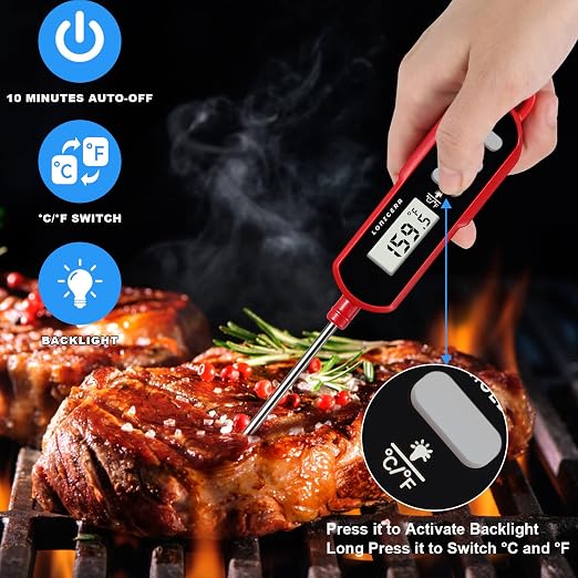 LONICERA Digital Cooking Thermometer for Bread, 5-Inch Probe, Red | 2–3 second instant read, IPX6 waterproof, backlit display, ±2°F accuracy, for bread, dough, liquids, water and meat