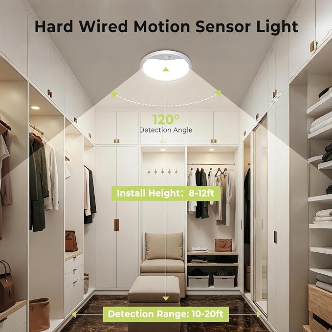 hepside 4 Pack Motion Sensor Ceiling Light Wired, 3000K/4000K/6500K LED Flush Mount Ceiling Light Fixture, 8.7Inch 18W Motion Sensor Light with Timer for Closet Stair Porch Hallway Pantry,White