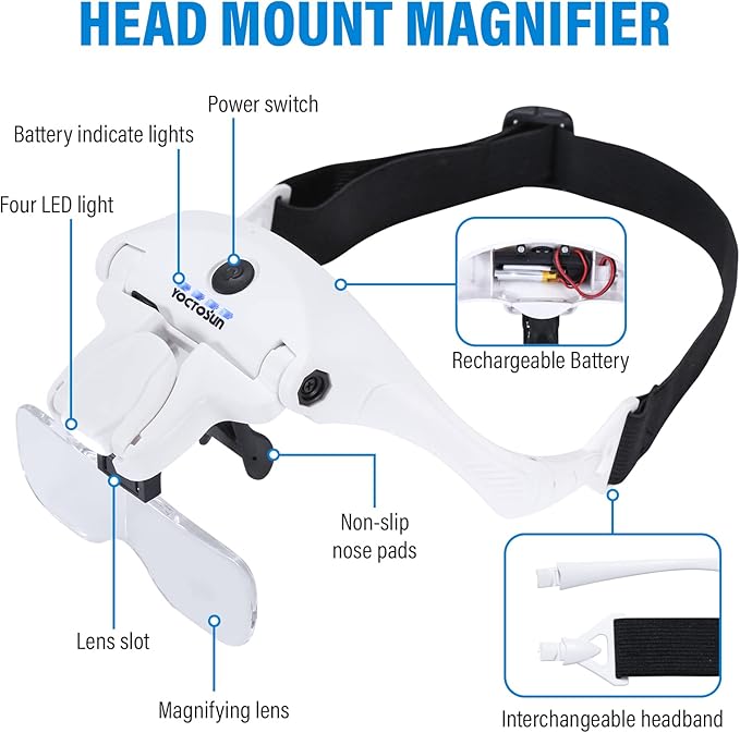 YOCTOSUN Magnifying Glasses with 4 LED Lights, Headband Magnifier with 5 Detachable Lenses 1X, 1.5X, 2X, 2.5X 3.5X -Rechargeable Hands Free Lighted Head Magnifier Glass for Crafts, Cross Stitch, Hobby