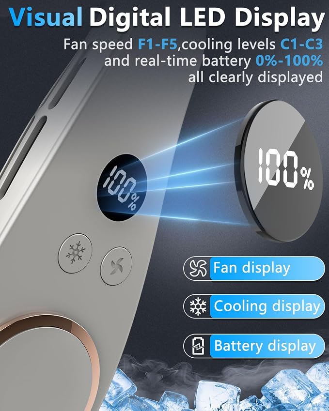 Neck Fan with Cooling Plate-5 Speed&Power LED Display-24H Quiet Powerful Fans that Blow Cold Air-USB 5500mAh Bladeless Wearable Personal AC Cooler for Women,Men,Kids,Travel,Outside,Indoor Grey