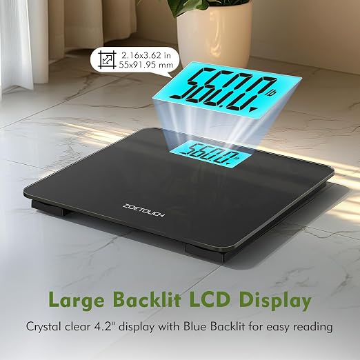 ZOETOUCH 560lbs Bathroom Scale for Body Weight, Extra Wide Oversized 12.9" Platform, Large 4.2" LCD Display, High Accuracy Digital Weighing Machine with Heavy Duty Tempered Glass for Bariatric Seniors