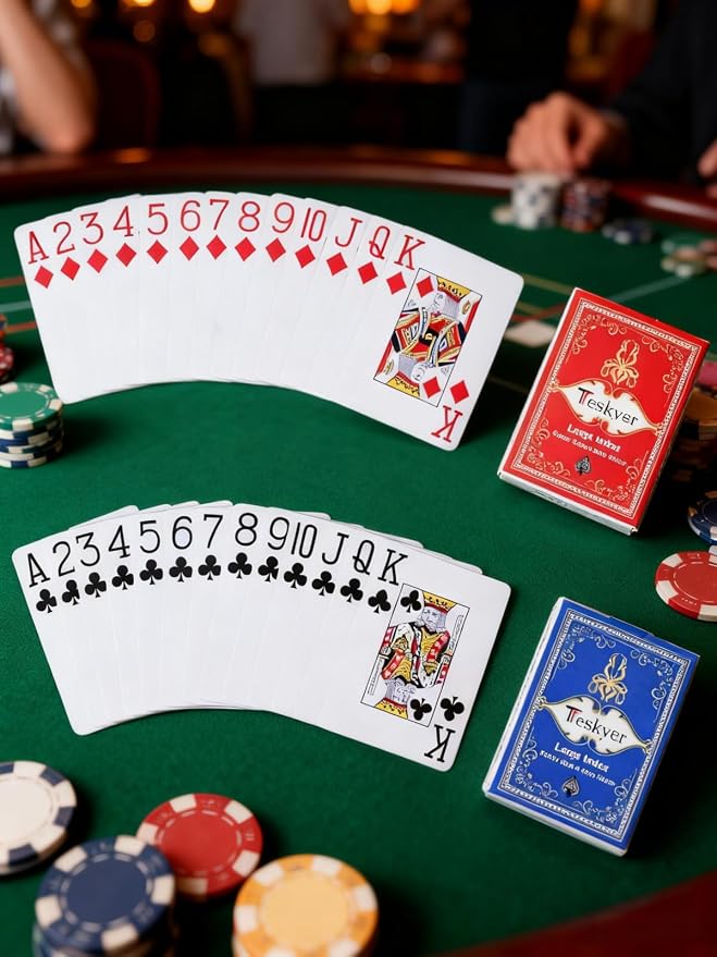 Teskyer 2 Deck Plastic Playing Cards, Large Index, Pattern B | Poker Size, Frosted Texture Back, Flexible Plastic Material, Smooth Shuffling, Seniors & Family Games