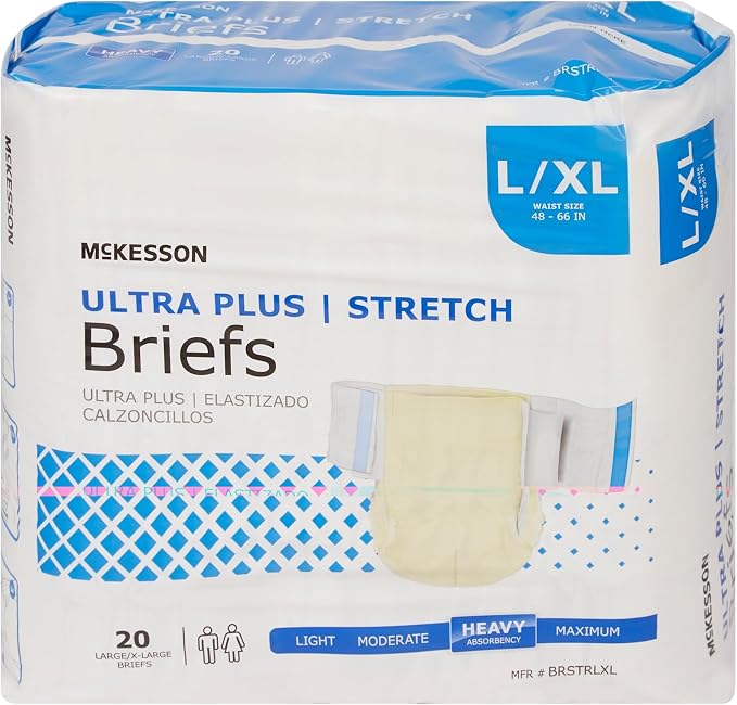 McKesson Ultra Plus Stretch Briefs, [80 Count], L/XL, 48-66 in. Incontinence Adult Diapers, Heavy Absorbency, Unisex, Disposable, Elastic Leg Gathers and Contoured Fit for Men and Women
