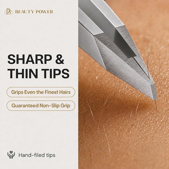 Beauty Power Slant Tip Precision Tweezers - Stainless Steel Eyebrow Tweezers for Women & Men - Precision Tweezers for Facial Hair, Ingrown Hair & Brow Shaping - Professional Beauty Tool (Gray)