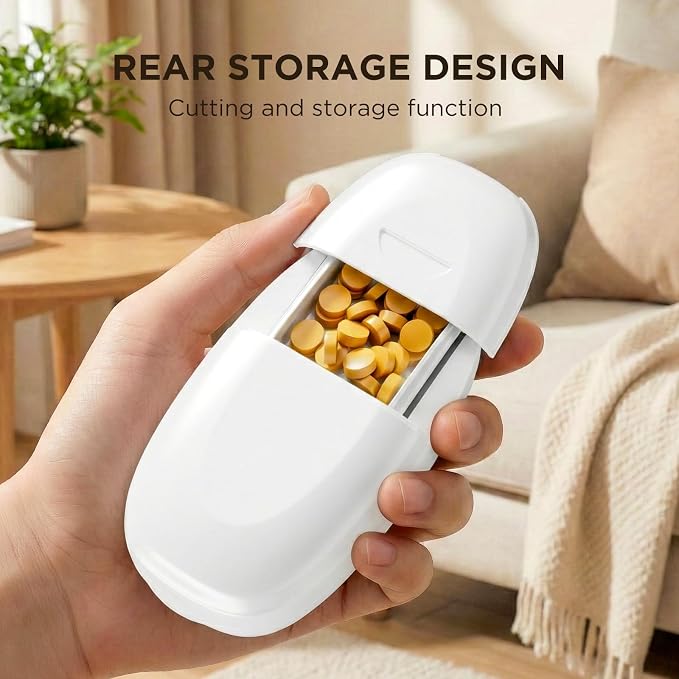 Pill Cutter Splitter for Small and Tiny Pills, 1/2 1/4 Pill Splitter for Small Pills,Vitamins, Tablets in Half or Quarters, Accurate and Easy Cutting, Stainless Steel Blade, Back Storage (White)
