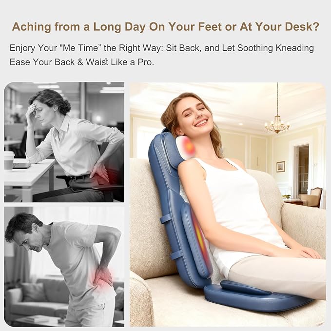 Rainwolf Shiatsu Neck and Back Massage Cushion with Heat - 4D Deep Tissue Kneading Full-Back Massager for Relief Fatigue, Adjustable Intensity & Height, for Office Chair & Home