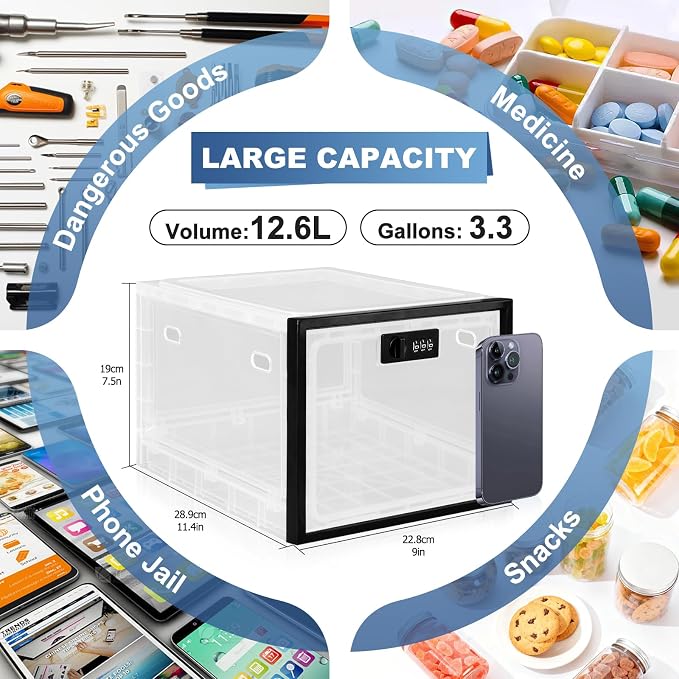 Gemaxvoled 2 Pack Medicine Lock Box, Large Capacity Premium Material Lockable Storage Bin Organizer Box with Combination Code for Safe Medication/Fridge Food/Snacks/Phone/Tablet Jail