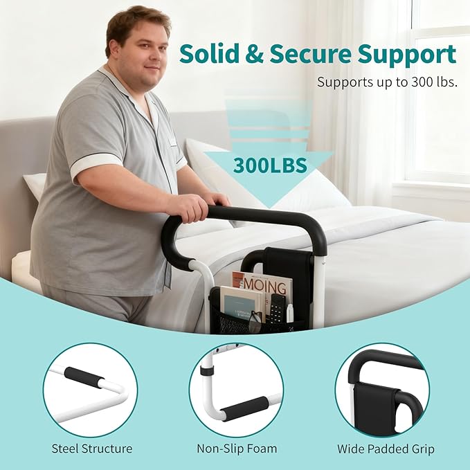 Bed Rails for Elderly Adults Safety, Adjustable Bed Assist Rail for Seniors, Bed Safety Rail with 2 Storage Bag and Fixing Strap, Fit King, Queen, Full, Twin, Supports 300 lbs
