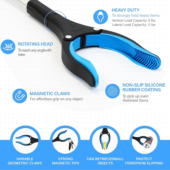 Grabber Reacher Tool - 32” Reacher Grabber Tool with Strong Magnetic and Swivel Head - Heavy Duty Pick Up Stick Grabbers for Seniors, Surgery Recovery Must Haves Gifts(Red + Blue)
