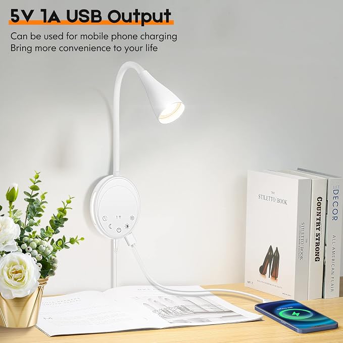 SANKEDOU LED Wall Mounted Reading Light, Book Light for Reading in Bed with Touch Control, 5 Dimmable, USB Output, Night Light & Timers Function, Flexible Gooseneck Headboard Bed Lights (White)