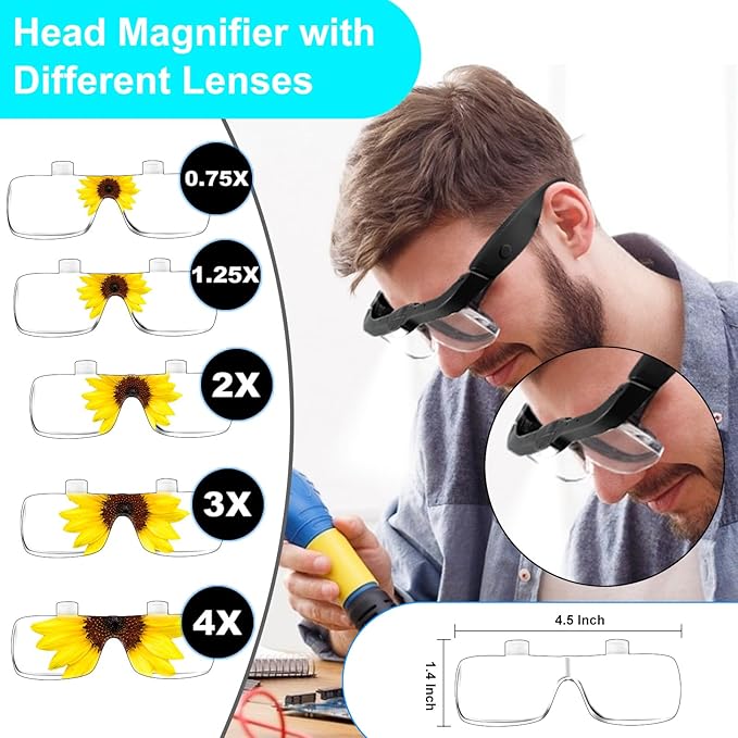 Magnifying Glass with Light Hands Free, Rechargeable Magnifying Glasses Headset with 5 Detachable Lenses and Storage Case for Close Work, Reading, Jewelry Making Crafts (Black)
