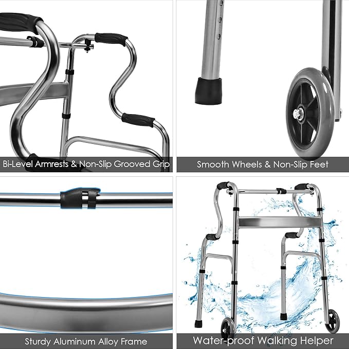 Goplus 3-in-1 Stand-Assist Folding Walker with 5" Wheels, Heavy Duty Walking Mobility Aid Supports up to 220lbs, Can be Used as Toilet Safety Rail, Narrow Drive Walkers for Seniors Elderly Adult