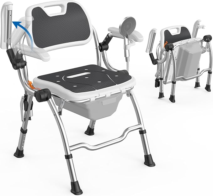 3 in 1 Folding Bedside Commode Chair,No-Assembly Foldable Shower Chair for Inside Shower with Arms and Back,Portable Toilet for Adults Elderly,Adjustable Height Raised Toilet Seat with Handles