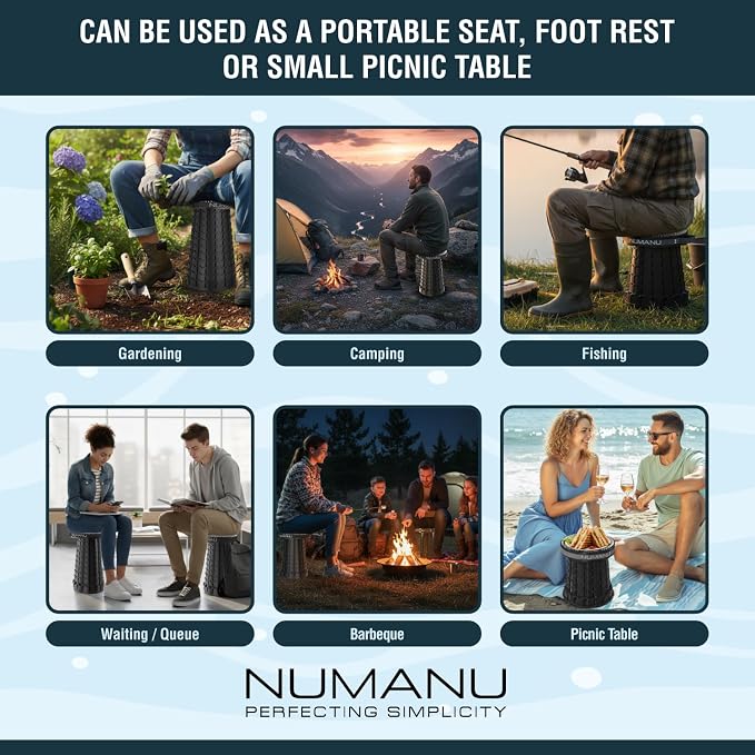 NUMANU 3XL Cushioned Collapsible Stool for Adults, Folding Seat, 1000 lbs | Oversized big & tall stool, telescoping 2.7-23.2in adjustable, 360 swivel pad + waterproof bag; travel, sports, camping