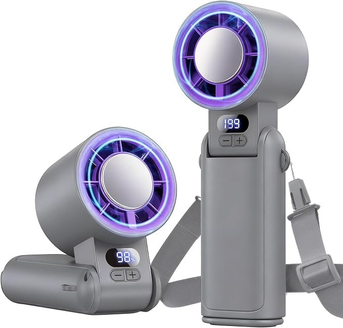 Portable Handheld Turbo Fan, 1-199 Speed Adjustable, Grey Purple | 4 IN 1 Pocket Design with LED Display, High-Power Motor, Rechargeable Battery, Mini Fans for Indoor/Outdoor/Travel/Work