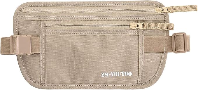 ZM-YOUTOO Money Belt for Travel - Hidden Travel Pouch Protect Your Credit and Money With RFID Blocking Passport Holder Waist Wallet (Khaki)
