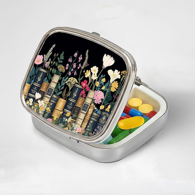 LRITER Pill Case, 2 Compartment Portable Small Travel Pill Organizer for Purse and Pocket, Stylish Medicine Case with Multiple Patterns, Daily Pillbox for Home & Travel (Flowers and Books)
