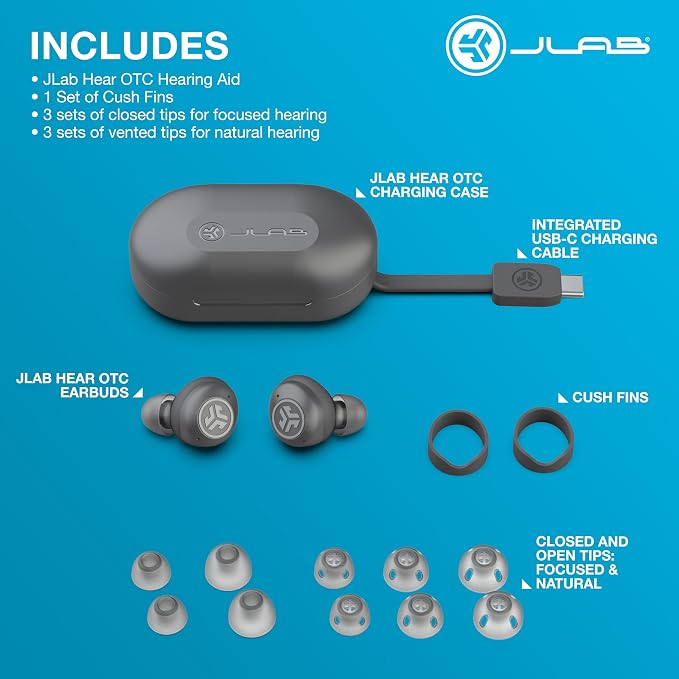 JLab Hear OTC Hearing Aid & Earbuds, Graphite, Traditional Earbud Fit, Four Preset Hearing Modes, in-Ear Detection and Built-in Feedback Suppression, Independent Volume Control and Touch Controls