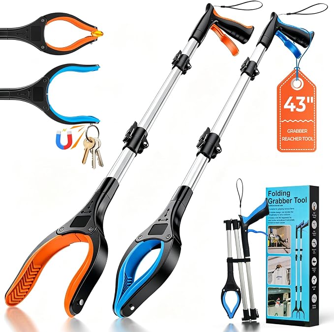 44" Grabber Reacher Tools, 2 Pack Upgraded Strong Foldable Reacher Grabber Heavy Duty Pickup Tool, 4" Wide Claw Opening & 360° Rotating Jaw & Magnet Lightweight Grabber Tool for Senior Patient
