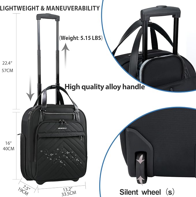 VANKEAN Carry On Underseat 16-inch Multi-functional Underseater Lightweight Overnight Suitcase with Wheels Roller Case for Women Men Travel Business, Black