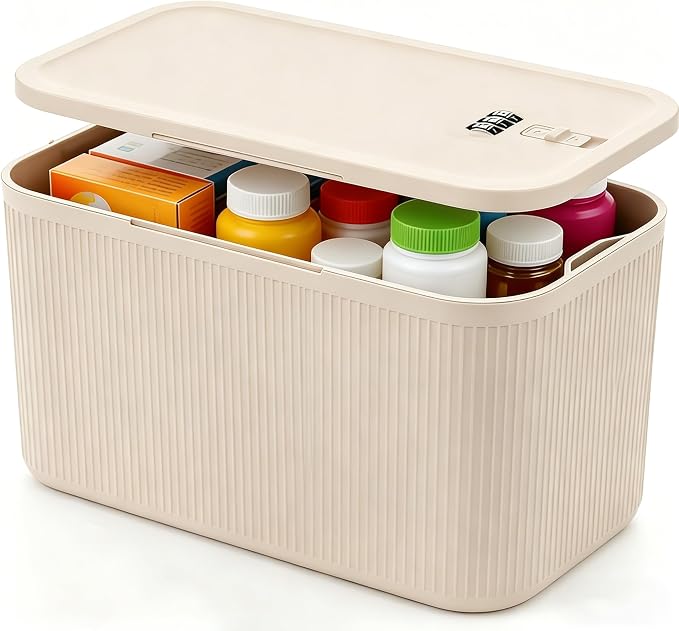 Lockable Storage Box, Plus Lock Box with Code – 2 inch Taller Version for Medication Safe, Phone Jail, Food Snacks, First Aid Kits, Refrigerator, Office, School, Home, Travel Gift (Beige)