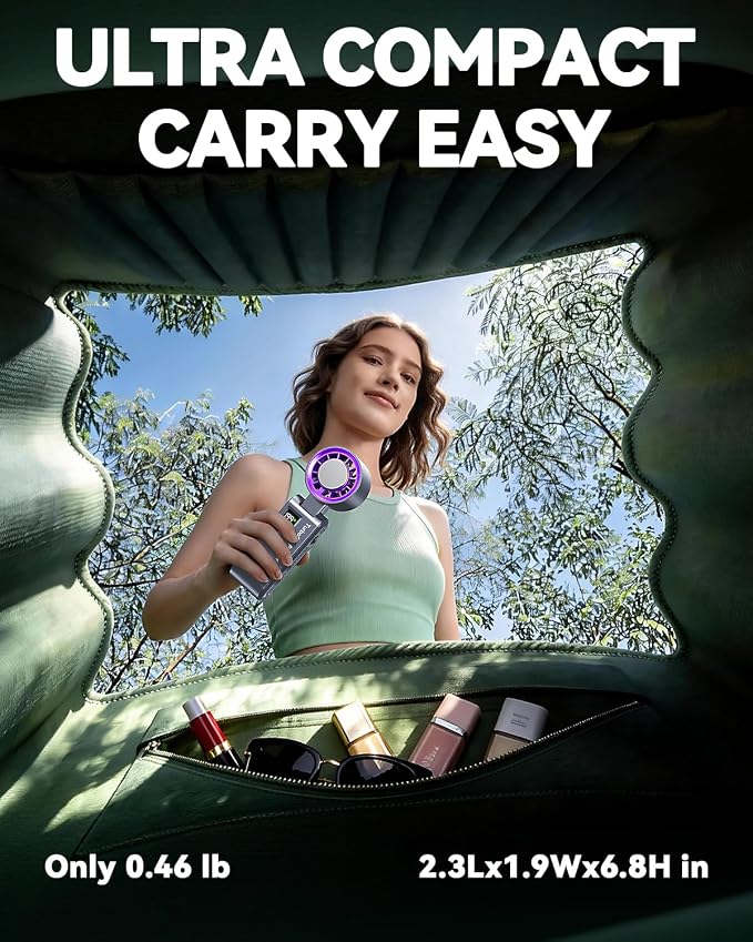 Portable Handheld Fan with Ice Cooling, 7.5m/s High Speed Turbo Fan, 150° Foldable 4-in-1 Personal Neck Fan, 199 Speed Stepless Control, USB-C Rechargeable for Travel, Makeup, Hiking,Grey