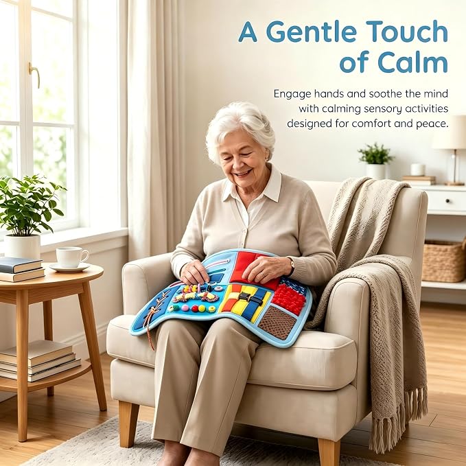 Fidget Blanket for Adults with Dementia Alzheimer's, 8-in-1 Sensory Motor Aids, Busy Blanket for Autism Anxiety, Calming Therapeutic Tool, Fine Motor Activity Mat, Washable Portable