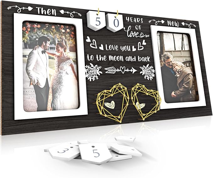 Then & Now Anniversary Picture Frame - 1-99 Years Anniversary Wedding Gift for Couple, Engagement Bridal Shower, Gifts for Couples Wood Photo Frame Holds Two 4x6 Inches Photos-Black