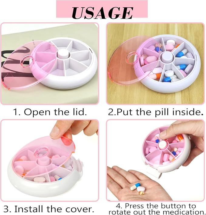 Pill Organizer Travel Pill Case for Purse Portable Pill Box Round Weekiy Pill Container for Vitamin Fish Oil Pills Supplements