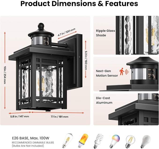 Gleamz 2-Pack Outdoor Porch Lights Wall Mount, Black Motion Sensor Outdoor Wall Lights, Aluminum Exterior Lighting Fixtures, Modern Exterior Lighting Fixtures Dusk to Dawn for Home Patio, E26 Socket