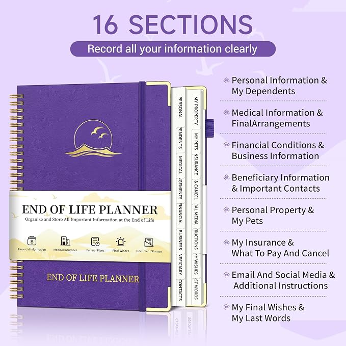 End of Life Planner, Estate Planning Organizer with Tabs for Senior, Spiral Funeral Planning Book with Large Font, Gold Corner Guards & Inner Pocket for Will Preparation, 7.36" x 10.4", Purple