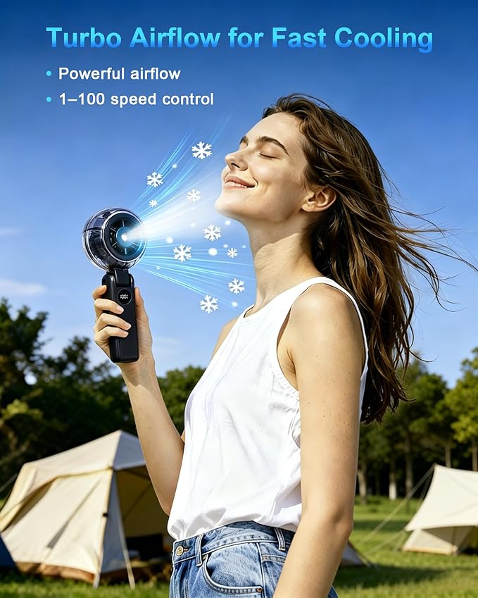 Portable Misting Fan, Rechargeable Handheld Spray Fan | 100-Speed Adjustable Cooling Fan with Water Mist Spray, Foldable Design, Lanyard Included for Outdoor Camping & Travel