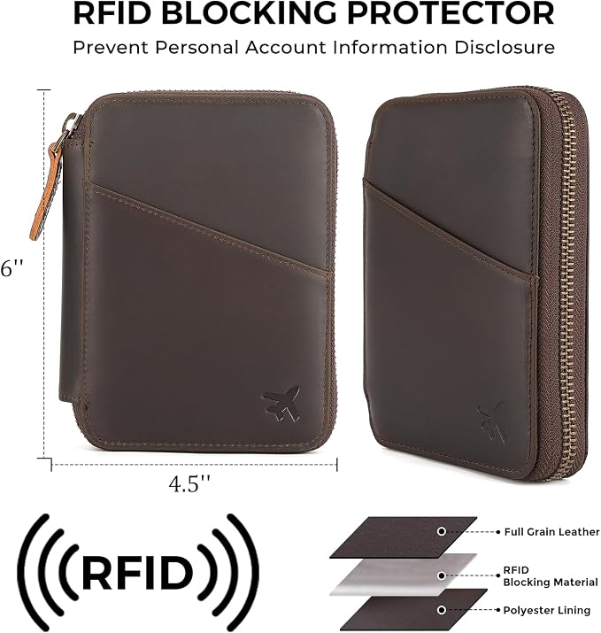 Polare Leather Pilot Wallet Passport Holder RFID Blocking Tri-fold Travel Cover Document Organizer for Aviation Professionals (Dark Brown(YKK Zipper Version))